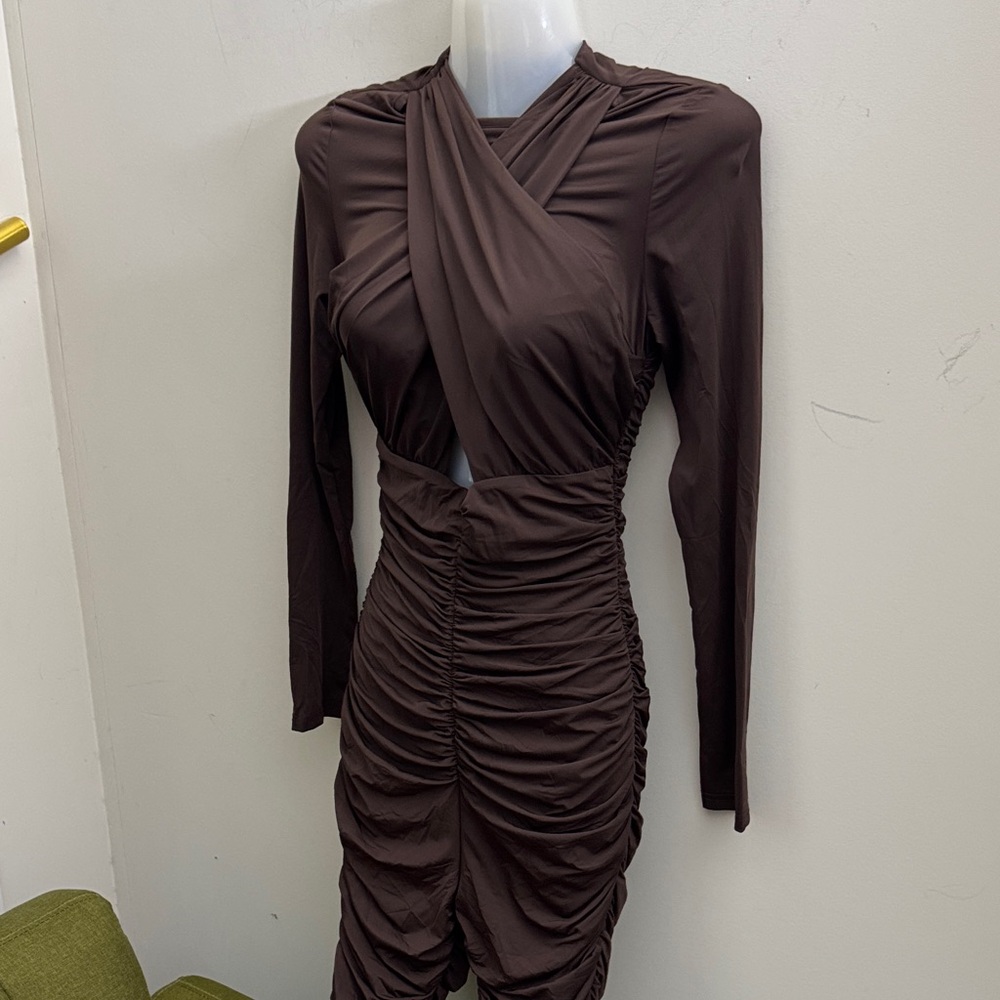 AKIRA Chocolate Long Sleeve Ruched Jumpsuit